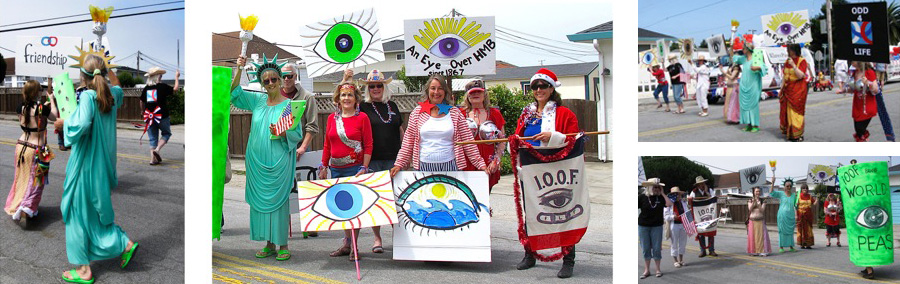 Costumed Odd Fellows parade the street in Half Moon Bay